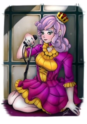 Size: 1280x1833 | Tagged: safe, artist:jennobasilicum, imported from derpibooru, sweetie belle, human, breasts, busty sweetie belle, choker, clothes, crown, dress, eyeshadow, female, human coloration, humanized, jewelry, makeup, microphone, microphone stand, older, older sweetie belle, regalia, signature, solo