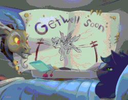 Size: 900x707 | Tagged: safe, artist:viwrastupr, imported from derpibooru, discord, oc, oc:spark gap, bat pony, draconequus, fanfic:fine print, animated, bat pony oc, bat wings, bed, card, electricity, fimfiction, get well soon, hospital bed, male, stallion, story in the source, wings