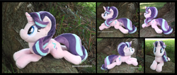 Size: 4147x1754 | Tagged: safe, artist:peruserofpieces, imported from derpibooru, starlight glimmer, unicorn, beanie, female, hat, looking at you, lying down, mare, plushie, prone, smiling, smiling at you, solo, tree