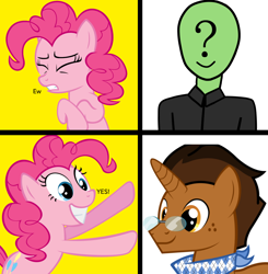 Size: 1276x1300 | Tagged: safe, artist:fernando96, imported from ponybooru, pinkie pie, oc, oc:anon, oc:copper plume, earth pony, human, pony, dialogue, female, glasses, hotline bling, male, mare, meme, stallion