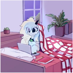 Size: 1791x1800 | Tagged: safe, artist:little-sketches, artist:php146, imported from derpibooru, oc, oc only, pony, bed, blanket, cactus, chest fluff, collar, computer, eye clipping through hair, female, horns, laptop computer, mare, plant, solo