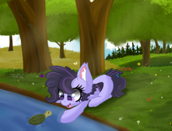 Size: 5742x4386 | Tagged: safe, artist:windy-pony, artist:windykirin, imported from derpibooru, oc, oc only, oc:butterfly kiss, butterfly, pegasus, pony, turtle, absurd resolution, colored wings, cute, ear fluff, female, filly, grass, lying down, multicolored wings, scenery, solo, tree, water, wings