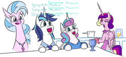 Size: 1182x536 | Tagged: safe, artist:jargon scott, edit, imported from derpibooru, princess cadance, princess flurry heart, shining armor, silverstream, alicorn, classical hippogriff, hippogriff, pony, unicorn, :d, apron, bipedal, bust, cadance is not amused, chalice, clothes, cooking, cute, daughters gonna daughter, diastreamies, father and child, father and daughter, fathers gonna father, female, flurrybetes, food, glasses, housewife, husband and wife, jewelry, kitchen, like father like daughter, like parent like child, macaroni, male, mare, mother and child, mother and daughter, necklace, necktie, nerd, nerdy heart, older, older flurry heart, oven mitts, pasta, shining adorable, simple background, smiling, stallion, sweater, unamused, white background