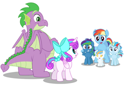 Size: 1280x870 | Tagged: safe, artist:aleximusprime, imported from derpibooru, princess flurry heart, rainbow dash, spike, oc, oc:lightning flash, oc:misty blitz, oc:storm streak, alicorn, dragon, pegasus, pony, fanfic:calming of the storm, flurry heart's story, baby, bow, butt, calming of the storm, children, colt, fat spike, female, foal, kids, male, momma dash, mother, offspring, parent:oc:thunderhead, parent:rainbow dash, parents:canon x oc, plot, simple background, transparent background, vector, winged spike, wings