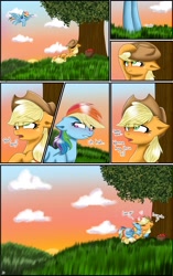 Size: 2571x4096 | Tagged: safe, artist:galaxy swirl, imported from derpibooru, applejack, rainbow dash, earth pony, pegasus, pony, appledash, blushing, comic, dialogue, eyes closed, female, floating, hug, lesbian, shipping, smiling