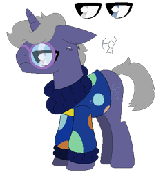 Size: 411x435 | Tagged: safe, artist:acuteexposure, imported from derpibooru, oc, oc only, oc:cozy comet, pony, unicorn, icey-verse, clothes, ear piercing, earring, glasses, grumpy, heterochromia, jewelry, magical gay spawn, male, offspring, parent:silver script, parent:star bright, parents:starscript, piercing, planet, simple background, solo, stallion, sweater, transparent background, unamused