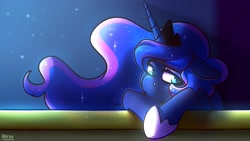 Size: 3555x2000 | Tagged: safe, artist:lrusu, imported from derpibooru, princess luna, alicorn, pony, balcony, bust, crown, cute, female, floppy ears, high res, jewelry, lonely, mare, moonlight, night, portrait, regalia, sad, sadorable, solo