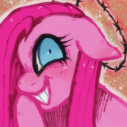 Size: 2048x2048 | Tagged: safe, artist:mclovin, imported from derpibooru, pinkie pie, earth pony, pony, barbed wire, blushing, halo, looking at you, pinkamena diane pie, smiling at you, solo