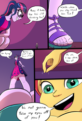 Size: 2250x3300 | Tagged: safe, artist:caiman2, imported from derpibooru, sci-twi, sunset shimmer, twilight sparkle, oc, human, equestria girls, spring breakdown, close-up, clothes, comic, dialogue, feet, female, fetish, giantess, glasses, hoodie, legs, long sleeves, looking at you, looking down, looking down at you, looking up, macro, micro, sandals, shrunken, smiling, speech bubble, toenails, toes, word balloon