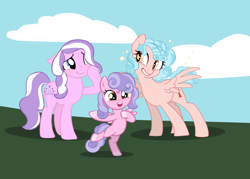 Size: 1280x919 | Tagged: safe, artist:birbnerd17, imported from derpibooru, cozy glow, diamond tiara, oc, oc:glowing heart, pony, the last problem, a better ending for cozy, bipedal, diamondglow, female, lesbian, magical lesbian spawn, offspring, older, older cozy glow, older diamond tiara, parent:cozy glow, parent:diamond tiara, parents:diamondglow, shipping, standing, standing on one leg