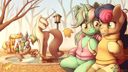 Size: 3840x2160 | Tagged: safe, artist:ohemo, imported from derpibooru, applejack, bon bon, lyra heartstrings, rainbow dash, sweetie drops, winona, bird, dog, duck, earth pony, pegasus, pony, semi-anthro, unicorn, adorabon, autumn, bench, canon ship, clothes, cute, female, holding hooves, jacket, lamppost, leaf, leaves, lesbian, lyrabetes, lyrabon, mare, mouth hold, scarf, scenery, shipping, sitting, smiling, statue, sweater, tongue out