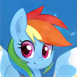 Size: 1024x1024 | Tagged: safe, artist:thisponydoesnotexist, imported from derpibooru, rainbow dash, pony, accidentally a canon character, ai content, ai generated, blue background, female, generator:thisponydoesnotexist, mare, neural network, not rainbow dash, simple background, solo