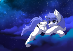 Size: 3508x2480 | Tagged: safe, artist:arctic-fox, imported from derpibooru, oc, oc only, oc:snow pup, pegasus, pony, cloud, cloudy, crossed arms, female, folded wings, galaxy, laying on a cloud, looking away, lying down, lying on a cloud, mare, night, on a cloud, pegasus oc, scenery, smiling, solo, stars, wings