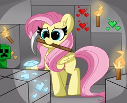 Size: 4096x3328 | Tagged: safe, artist:kittyrosie, imported from derpibooru, fluttershy, pegasus, pony, blushing, creeper, crossover, cute, diamond, diamond ore, emerald ore, fire, heart, iron ore, minecraft, mouth hold, pickaxe, redstone, shyabetes, solo, sweat, torch