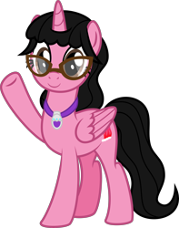 Size: 4000x5067 | Tagged: safe, artist:melisareb, imported from derpibooru, oc, oc only, oc:aaliyah, alicorn, pony, derpibooru community collaboration, 2021 community collab, aaliyah, absurd resolution, amulet, base used, female, glasses, jewelry, looking at you, mare, necklace, ponified, raised hoof, simple background, solo, transparent background, vector