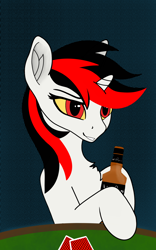 Size: 1600x2560 | Tagged: safe, artist:boo, derpibooru exclusive, imported from derpibooru, oc, oc only, oc:blackjack, pony, unicorn, fallout equestria, fallout equestria: project horizons, abstract background, alcohol, card, fanfic art, horn, small horn, solo, whiskey, wild pegasus