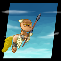 Size: 1200x1200 | Tagged: safe, artist:neuro, imported from derpibooru, oc, oc only, oc:artemis sparkshower, pegasus, fanfic:everyday life with guardsmares, armor, chainmail, cloud, everyday life with guardsmares, female, flying, guardsmare, mare, pegasus oc, plate armor, royal guard, solo, spear, weapon, wings