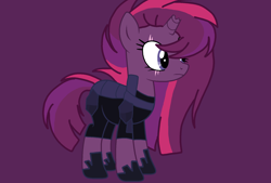 Size: 1850x1250 | Tagged: safe, artist:circuspaparazzi5678, imported from derpibooru, oc, oc only, oc:shadow dusk, pony, unicorn, armored pony, base used, broken horn, clothes, horn, magical lesbian spawn, offspring, parent:tempest shadow, parent:twilight sparkle, parents:tempestlight, purple background, simple background, solo