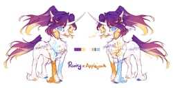 Size: 1503x772 | Tagged: dead source, safe, artist:maggephah, artist:makkah, imported from derpibooru, oc, oc only, pony, unicorn, chest fluff, color palette, magical lesbian spawn, multicolored hooves, no pupils, obtrusive watermark, offspring, parent:applejack, parent:rarity, parents:rarijack, simple background, solo, unshorn fetlocks, watermark, white background