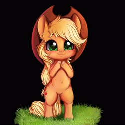 Size: 4000x4000 | Tagged: safe, artist:miokomata, imported from derpibooru, applejack, earth pony, pony, absurd resolution, belly button, bipedal, black background, chibi, cowboy hat, cute, female, grass, hat, jackabetes, mare, simple background, smiling, solo, stetson, weapons-grade cute