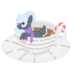 Size: 1700x1700 | Tagged: safe, artist:katelynleeann42, imported from derpibooru, oc, oc only, oc:cuddles, earth pony, pony, candy, candy cane, clothes, cup, cup of pony, deer tail, female, food, mare, micro, scarf, simple background, solo, transparent background