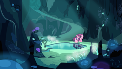 Size: 1280x720 | Tagged: safe, artist:ambassad0r, artist:kooner-cz, edit, editor:jaredking203, imported from derpibooru, vector edit, sugar belle, pony, unicorn, cave, cave pool, female, mare, mirror pool, mushroom, reflection, self ponidox, story included, vector