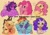 Size: 2236x1586 | Tagged: safe, artist:hotlineori, edit, imported from derpibooru, applejack, fluttershy, pinkie pie, rainbow dash, rarity, twilight sparkle, alicorn, earth pony, pegasus, pony, unicorn, apple, bust, chest fluff, cowboy hat, cute, ear piercing, eating, element of generosity, female, food, hat, herbivore, mane six, mare, open mouth, piercing, portrait, smiling, twilight sparkle (alicorn), unshorn fetlocks