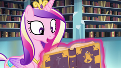 Size: 1280x720 | Tagged: safe, imported from derpibooru, screencap, princess cadance, alicorn, pony, the crystalling, book, bookshelf, female, library, magic, mare, solo, telekinesis