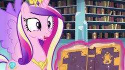 Size: 1280x720 | Tagged: safe, imported from derpibooru, screencap, princess cadance, alicorn, pony, season 6, the crystalling, book, bookshelf, cute, cutedance, female, library, magic, solo, telekinesis