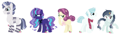 Size: 1884x532 | Tagged: safe, artist:strawberry-spritz, imported from derpibooru, oc, oc only, earth pony, hybrid, pegasus, pony, unicorn, zony, female, male, mare, parent:cherry jubilee, parent:coco pommel, parent:coloratura, parent:daring do, parent:double diamond, parent:nightmare moon, parent:shining armor, parent:starlight glimmer, parent:zecora, parents:cocodiamond, parents:shiningcora, simple background, stallion, transparent background