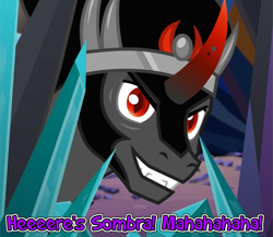 Size: 885x768 | Tagged: safe, edit, edited screencap, imported from derpibooru, screencap, king sombra, pony, unicorn, the beginning of the end, antagonist, caption, crown, crystal, curved horn, evil, evil smirk, funny, grin, horn, image macro, jewelry, male, reference, regalia, sharp teeth, slit eyes, slit pupils, smiling, smirk, solo, stallion, teeth, text, the shining