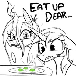 Size: 1200x1200 | Tagged: safe, artist:tjpones, imported from derpibooru, queen chrysalis, shining armor, changeling, changeling queen, pony, unicorn, changeling egg, egg, female, floppy ears, fried egg, green eggs, infidelity, male, monochrome, neo noir, partial color, shining chrysalis, shipping, simple background, stallion, straight, white background