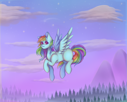 Size: 990x800 | Tagged: safe, artist:saltyvity, imported from derpibooru, rainbow dash, pegasus, pony, :3, flying, missing cutie mark, scenic background, solo, starry eyes, stars, wingding eyes