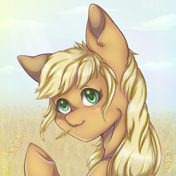 Size: 1400x1400 | Tagged: safe, artist:saltyvity, imported from derpibooru, applejack, earth pony, pony, :3, blushing, food, hatless, loose hair, missing accessory, raised hoof, solo, straw in mouth, underhoof, wheat