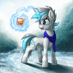 Size: 800x800 | Tagged: safe, artist:calena, imported from derpibooru, oc, oc only, oc:whitefrost, pony, unicorn, adorable face, alcohol, bush, clothes, cold, cute, ice, scarf, snow, solo, whiskey