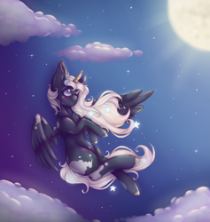 Size: 900x950 | Tagged: safe, artist:saltyvity, imported from derpibooru, oc, alicorn, pony, alicorn oc, flying, heterochromia, horn, moon, night, open mouth, smiling, stars, wings