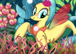 Size: 1024x724 | Tagged: safe, artist:neoshrek, imported from derpibooru, princess skystar, seapony (g4), my little pony: the movie, bioluminescent, blue eyes, bubble, coral, cute, dorsal fin, female, fin wings, fins, fish tail, flower, flower in hair, freckles, glow, glowing, jewelry, necklace, pearl necklace, seaweed, skyabetes, smiling, solo, tail, underwater, water, wings