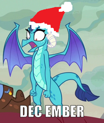 Size: 398x472 | Tagged: safe, edit, edited screencap, imported from derpibooru, screencap, clump, princess ember, dragon, sweet and smoky, 1000 hours in ms paint, angry, christmas, cropped, december, dragoness, female, hat, holiday, male, name pun, open mouth, pun, santa hat, shrunken pupils, solo focus