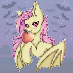 Size: 900x900 | Tagged: safe, artist:saltyvity, imported from derpibooru, fluttershy, bat, bat pony, pony, apple, bat ponified, female, flutterbat, food, looking at you, mare, race swap, wings