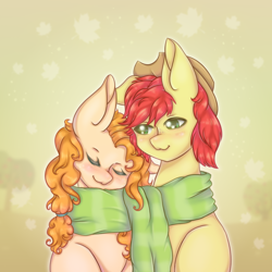 Size: 900x900 | Tagged: safe, artist:saltyvity, imported from derpibooru, bright mac, pear butter, earth pony, pony, autumn, brightbutter, clothes, cowboy hat, duo, female, hat, love, male, mare, scarf, shared clothing, shared scarf, shipping, stallion, straight