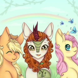 Size: 900x900 | Tagged: safe, artist:saltyvity, imported from derpibooru, applejack, autumn blaze, fluttershy, butterfly, earth pony, kirin, pegasus, pony, applejack's hat, awwtumn blaze, cowboy hat, cute, eyes closed, female, hat, jackabetes, looking at you, looking up, mare, shyabetes