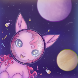 Size: 900x900 | Tagged: safe, artist:saltyvity, imported from derpibooru, pinkie pie, earth pony, pony, candy, cupcake, food, planet, solo, space, stars