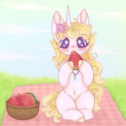 Size: 900x900 | Tagged: safe, artist:saltyvity, imported from derpibooru, oc, oc only, pony, unicorn, female, flower, flower in hair, food, herbivore, mare, picnic, solo, watermelon