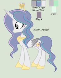 Size: 2160x2775 | Tagged: safe, artist:lominicinfinity, imported from derpibooru, oc, oc only, oc:saros crystals, alicorn, pony, crown, female, jewelry, mare, offspring, parent:king sombra, parent:princess celestia, parents:celestibra, regalia, simple background, solo