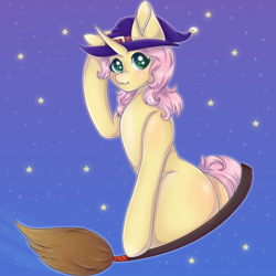 Size: 900x900 | Tagged: safe, artist:saltyvity, imported from derpibooru, fluttershy, pony, unicorn, cute, female, hat, mare, race swap, shyabetes, solo, stars, unicorn fluttershy, witch, witch hat