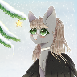 Size: 1000x1000 | Tagged: safe, artist:saltyvity, imported from derpibooru, oc, oc only, pegasus, pony, blush sticker, blushing, choker, female, freckles, makeup, mare, running makeup, solo, stars, winter
