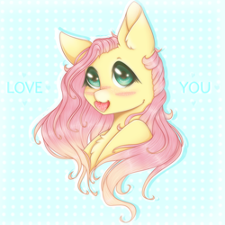 Size: 1000x1000 | Tagged: safe, artist:saltyvity, imported from derpibooru, fluttershy, pegasus, pony, blush sticker, blushing, bust, chest fluff, cute, ear fluff, female, heart, looking at you, love, mare, mouth hold, portrait, shyabetes, smiling, solo, three quarter view