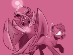 Size: 2000x1500 | Tagged: safe, artist:orphicdove, imported from derpibooru, princess celestia, pony, seraph, angelestia, biblically accurate angels, crying, duo, monochrome, multiple wings, pink background, running away, scared, simple background, species swap, teary eyes