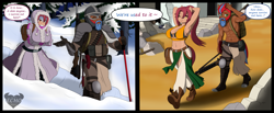 Size: 5100x2100 | Tagged: safe, artist:ponyecho, imported from derpibooru, oc, oc:nell clearfield, oc:northern shield, anthro, earth pony, plantigrade anthro, armor, axe, beard, bikini, chaps, clothes, coat, cold, desert, facial hair, female, futa, gun, hot, intersex, irony, male, muscles, muscular female, partial nudity, rifle, ruins, scar, snow, speech bubble, sweat, swimsuit, text, topless, tree, tundra, weapon, winter outfit