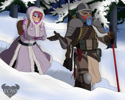Size: 2500x2000 | Tagged: safe, artist:ponyecho, imported from derpibooru, oc, oc:nell clearfield, oc:northern shield, anthro, armor, axe, beard, clothes, coat, cold, facial hair, futa, gun, helmet, intersex, male, rifle, snow, textless version, tree, tundra, walking stick, weapon, winter outfit